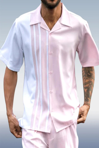 Pink Striped Color Block Walking Suit 2 Piece Short Sleeve Set