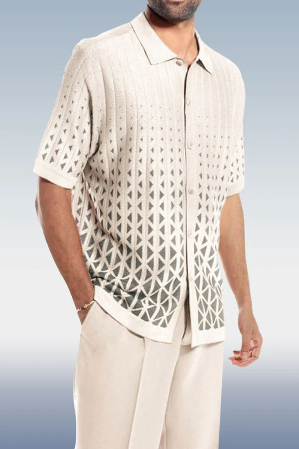 White Criss-Cross Pattern Walking Suit Short Sleeve Set