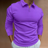 Men's Waffle Solid Color Collar Patchwork Long Sleeve Polo Shirt