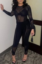 Sexy Solid See-through O Neck Skinny Jumpsuits