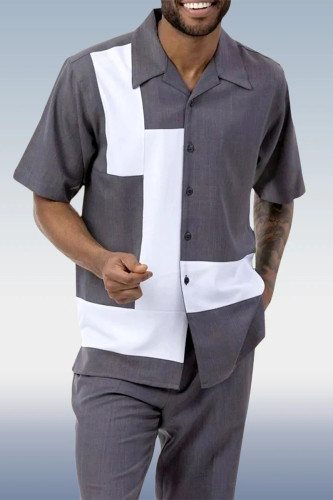 Men's 2 Piece Short Sleeve Walking Suit Tetris Color Block in Grey