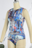 Sexy Print Patchwork O Neck Sleeveless Two Pieces