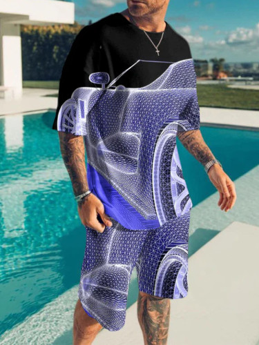 Men's Fashion 3D Printing Short Sleeve Two-Piece Suit 3 Colors