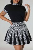 Sweet Geometric Patchwork O Neck Short Sleeve Two Pieces