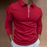 Men's Waffle Solid Color Collar Patchwork Long Sleeve Zipper Shirt