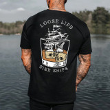 LOOSE LIPS SINK SHIPS Skulls Ship in the Water Graphic Black Print T-shirt