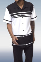 Black and White Stripes Walking Suit 2 Piece Solid Color Short Sleeve Set
