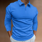 Men's Waffle Solid Color Collar Patchwork Long Sleeve Polo Shirt