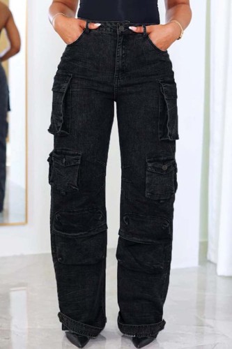 Casual Solid Patchwork Regular High Waist Conventional Solid Color Jeans