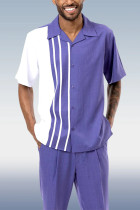 Purple Striped Color Block Walking Suit 2 Piece Short Sleeve Set