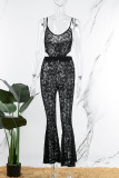Sexy Street Solid Lace Cut Out Spaghetti Strap Regular Jumpsuits