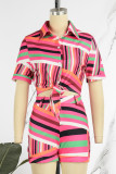 Casual Print Patchwork Turndown Collar Short Sleeve Two Pieces