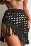 Sexy Solid Tassel Hollowed Out Frenulum See-through Slit Swimwears Cover Up