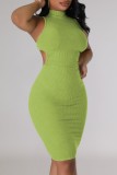 Casual Solid Hollowed Out Turtleneck Sleeveless Dress Dresses