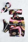 Sexy Print Backless Swimsuit Four Piece Set (With Paddings)