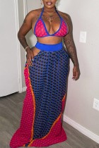 Sexy Print Bandage Hollowed Out Patchwork Backless Halter Sleeveless Two Pieces