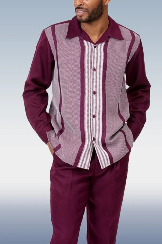 Casual Set Outfit Mens Burgundy Stripe Long Sleeve
