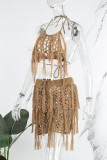 Sexy Solid Tassel Hollowed Out See-through Backless Halter Sleeveless Two Pieces