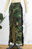 Casual Camouflage Print Tassel Patchwork Slit Regular High Waist Conventional Patchwork Skirt