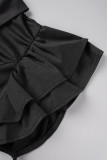 Elegant Solid Patchwork Flounce Turndown Collar Pencil Skirt Dresses