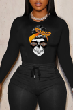 Casual Street Print Skull Patchwork O Neck Tops