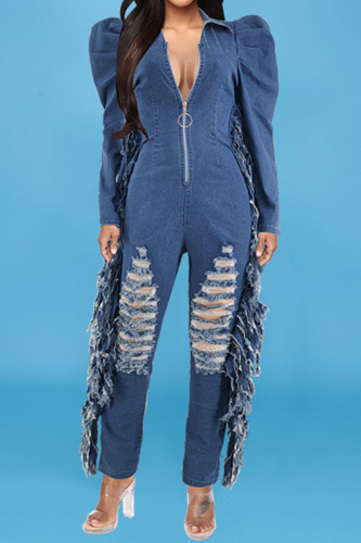 Casual Solid Ripped Patchwork Turndown Collar Long Sleeve Regular Denim Jumpsuits