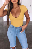 Casual Solid Patchwork V Neck T-Shirts
