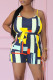 Casual Geometric Print Bandage Patchwork Spaghetti Strap Straight Rompers