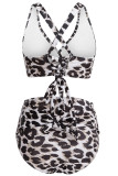 Sexy Print Leopard Patchwork Backless Cross Straps Spaghetti Strap Plus Size Swimwear (With Paddings)