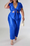 Casual Solid Frenulum V Neck Plus Size Two Pieces