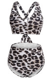 Sexy Print Leopard Patchwork Backless Cross Straps Spaghetti Strap Plus Size Swimwear (With Paddings)