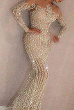 Elegant Solid Mesh Hot Drill O Neck Trumpet Mermaid Dresses