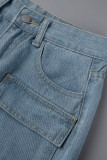 Casual Street Solid Ripped Pocket Mid Waist Regular Denim Shorts