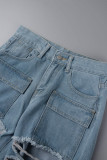 Casual Street Solid Ripped Pocket Mid Waist Regular Denim Shorts