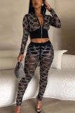 Sexy Party Hot Drilling Patchwork See-through Hot Drill Zipper Collar Long Sleeve Two Pieces
