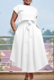 Elegant Solid Patchwork Flounce O Neck Short Sleeve Two Pieces(With Belt)