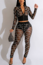 Sexy Party Hot Drilling Patchwork See-through Hot Drill Zipper Collar Long Sleeve Two Pieces
