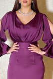 Elegant Solid Fold Cut Out Zipper V Neck Wrapped Skirt Dresses