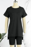 Casual Solid Slit O Neck Short Sleeve Two Pieces