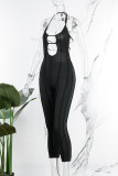 Sexy Solid Hollowed Out Backless Halter Skinny Jumpsuits