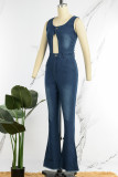 Sexy Casual Solid Hollowed Out V Neck Sleeveless Skinny Denim Jumpsuits