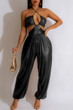 Sexy Solid Hollowed Out Backless Strap Design Halter Regular Jumpsuits