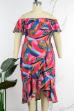 Casual Work Elegant Print Patchwork Flounce Off the Shoulder Wrapped Skirt Plus Size Dresses
