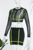 Sexy Patchwork See-through Zipper O Neck Long Sleeve Two Pieces