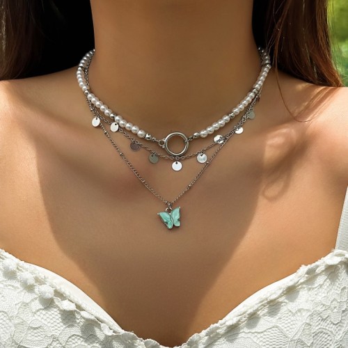 Casual Geometric Patchwork Pearl Butterfly Necklaces