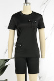 Casual Solid Patchwork Pocket O Neck Short Sleeve Two Pieces