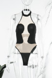 Sexy Street Solid See-through Backless Halter Skinny Bodysuits