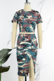 Sexy Casual Street Camouflage Print Patchwork Pocket Slit O Neck Short Sleeve Two Pieces