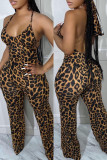 Sexy Casual Print Leopard Backless Spaghetti Strap Plus Size Jumpsuits