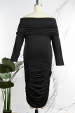 Casual Solid Fold Off the Shoulder Long Sleeve Plus Size Dresses